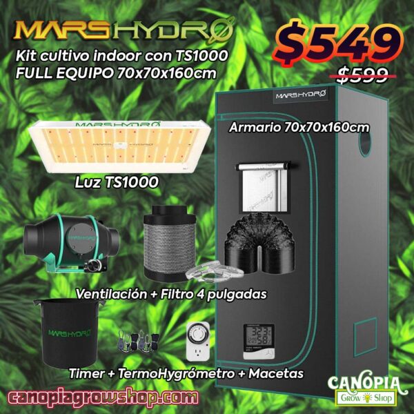 Kit Mars Hydro TS1000. Incluye: Carpa de cultivo Mars Hydro 70x70x160 Panel Led Mars Hydro TS1000 354LED 150W Kit de ventilación/filtración con filtro de carbón activado Ducto para es sistema de ventilación de 4 pulgadas Higrómetro/Termómetro digital Timer Analógico 3 macetas de tela de 5 galones