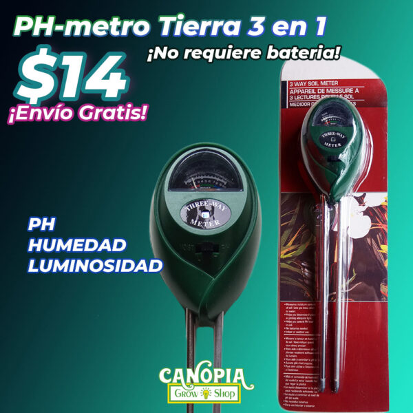 CanopiaGrowshop.com | Quito - Ecuador | Phmetro tierra 3-en-1 | PH, HUMEDAD, LUMINOSIDAD