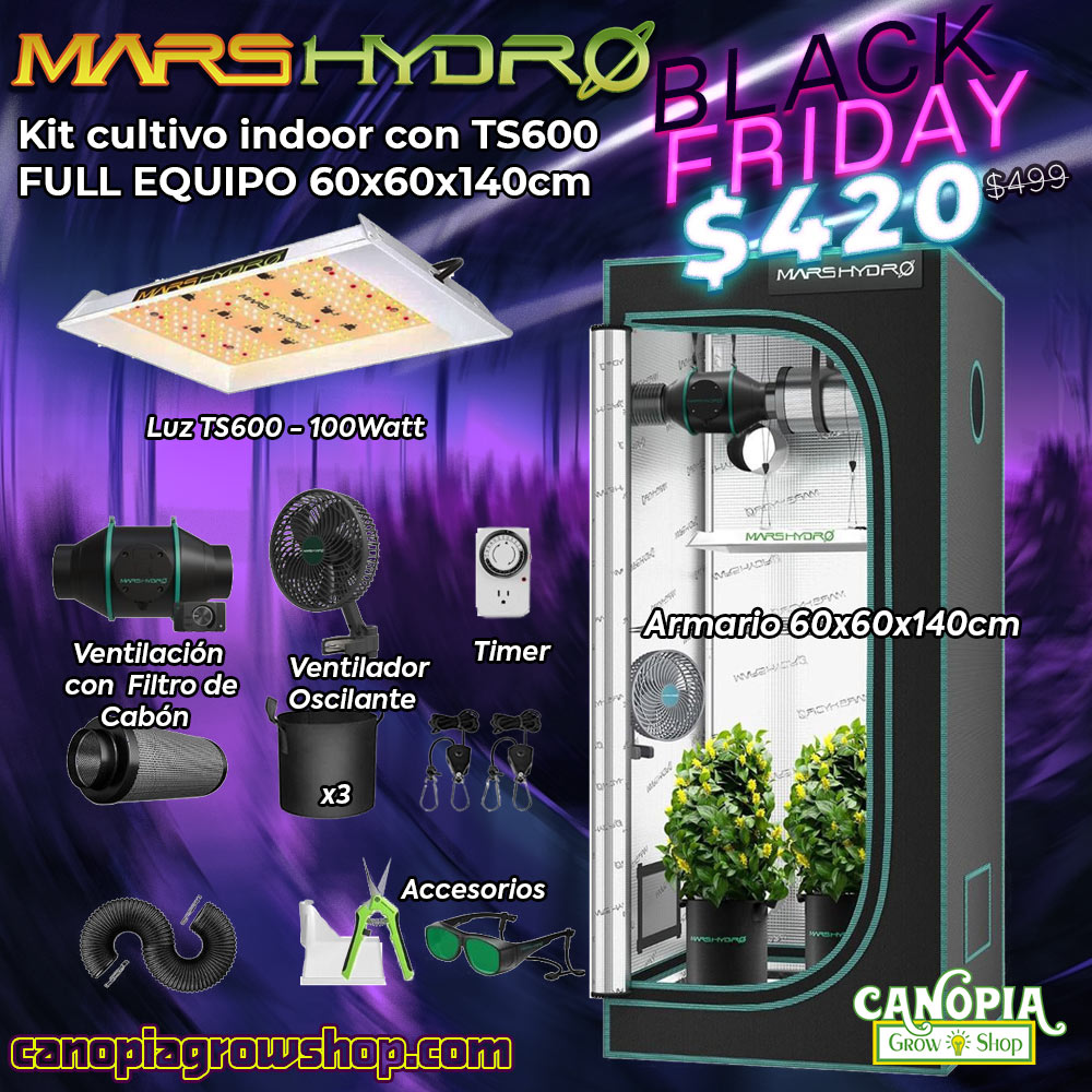Canopia Growshop Quito - Kit Mars Hydro TS600 - PROMO BLACK FRIDAY. Incluye: Carpa de cultivo MarsHydro 60x60x140 Panel Led MarsHydro TS600 225LED 100W Kit de ventilación/filtración con filtro de carbón activado Ducto para es sistema de ventilación de 4 pulgadas Higrómetro/Termómetro digital Timer Analógico 3 macetas de tela de 5 galones MarsHydro