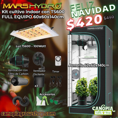 Canopia Growshop Quito - Kit Mars Hydro TS600 - NAVIDAD. Incluye: Carpa de cultivo MarsHydro 60x60x140 Panel Led MarsHydro TS600 225LED 100W Kit de ventilación/filtración con filtro de carbón activado Ducto para es sistema de ventilación de 4 pulgadas Higrómetro/Termómetro digital Timer Analógico 3 macetas de tela de 5 galones MarsHydro
