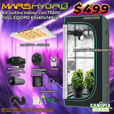 Kit Mars Hydro TS600. Incluye: Carpa de cultivo MarsHydro 60x60x140 Panel Led MarsHydro TS600 225LED 100W Kit de ventilación/filtración con filtro de carbón activado Ducto para es sistema de ventilación de 4 pulgadas Higrómetro/Termómetro digital Timer Analógico 3 macetas de tela de 5 galones MarsHydro