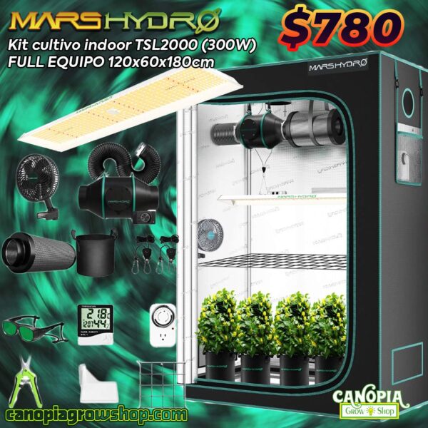 Kit Mars Hydro TSL2000. Incluye: Carpa de cultivo MarsHydro 120x60x180 Panel Led MarsHydro 300W Kit de ventilación/filtración con filtro de carbón activado Ducto para es sistema de ventilación de 4 pulgadas Higrómetro/Termómetro digital Timer Analógico / 4 macetas de tela de 5 galones MarsHydro