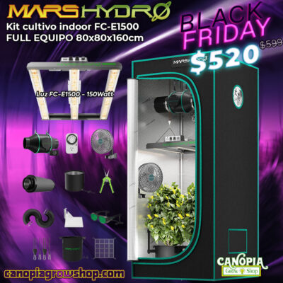 Canopia Growshop Quito - Kit Mars Hydro FC-E1500 - PROMO BLACK FRIDAY. Incluye: Carpa de cultivo MarsHydro 80x80x160 Panel Led MarsHydro FC-E1500 150W Kit de ventilación/filtración con filtro de carbón activado Ducto para es sistema de ventilación de 4 pulgadas, Higrómetro / Termómetro digital / Timer Analógico