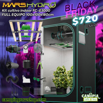 Canopia Growshop Quito - PROMO BLACK FRIDAY Kit Mars Hydro FC-E1500. Incluye: Carpa de cultivo MarsHydro 100x100x180cm Panel Led MarsHydro FC-E3000 300W Kit de ventilación/filtración con filtro de carbón activado Ducto para es sistema de ventilación de 4 pulgadas, Higrómetro / Termómetro digital / Timer Analógico