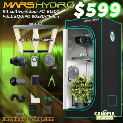 Canopia Growshop Quito - Kit Mars Hydro FC-E1500. Incluye: Carpa de cultivo MarsHydro 80x80x160 Panel Led MarsHydro FC-E1500 150W Kit de ventilación/filtración con filtro de carbón activado Ducto para es sistema de ventilación de 4 pulgadas, Higrómetro / Termómetro digital / Timer Analógico etx