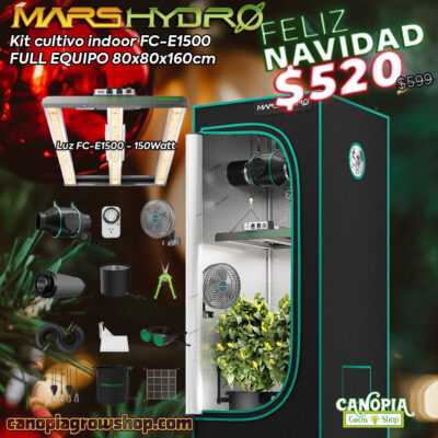 Canopia Growshop Quito - Kit Mars Hydro FC-E1500 - PROMO NAVIDAD. Incluye: Carpa de cultivo MarsHydro 80x80x160 Panel Led MarsHydro FC-E1500 150W Kit de ventilación/filtración con filtro de carbón activado Ducto para es sistema de ventilación de 4 pulgadas, Higrómetro / Termómetro digital / Timer Analógico