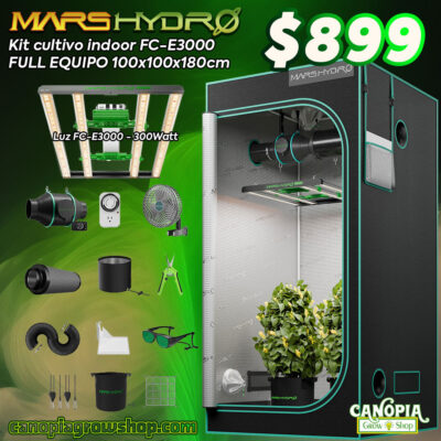 Canopia Growshop Quito - Kit Mars Hydro FC-E1500. Incluye: Carpa de cultivo MarsHydro 100x100x180cm Panel Led MarsHydro FC-E3000 300W Kit de ventilación/filtración con filtro de carbón activado Ducto para es sistema de ventilación de 4 pulgadas, Higrómetro / Termómetro digital / Timer Analógico
